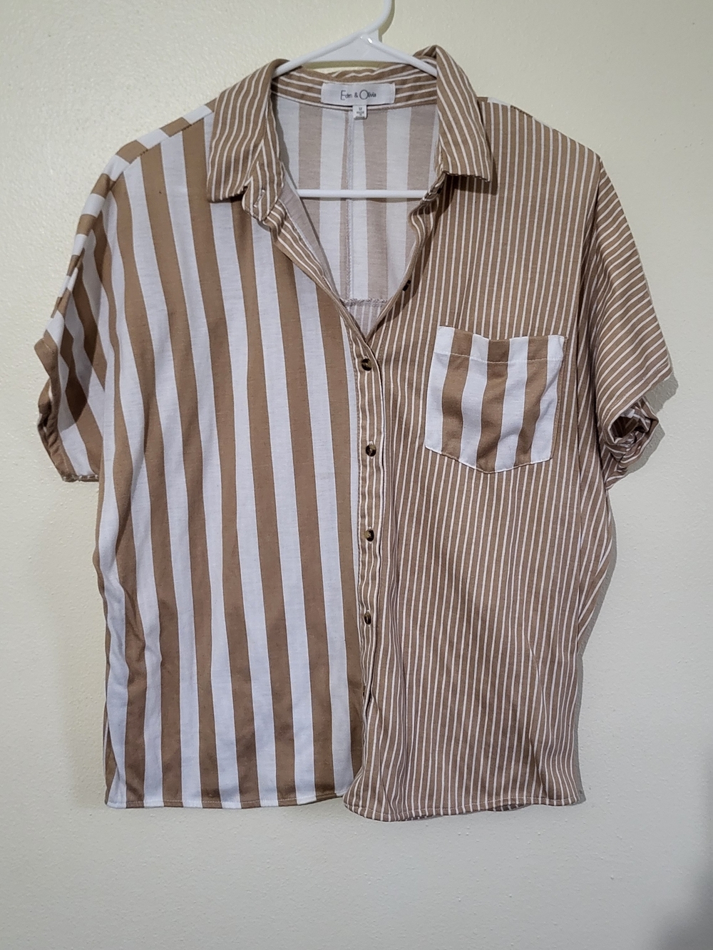 Eden & Olivia Beige and White Striped Button-Down Shirt